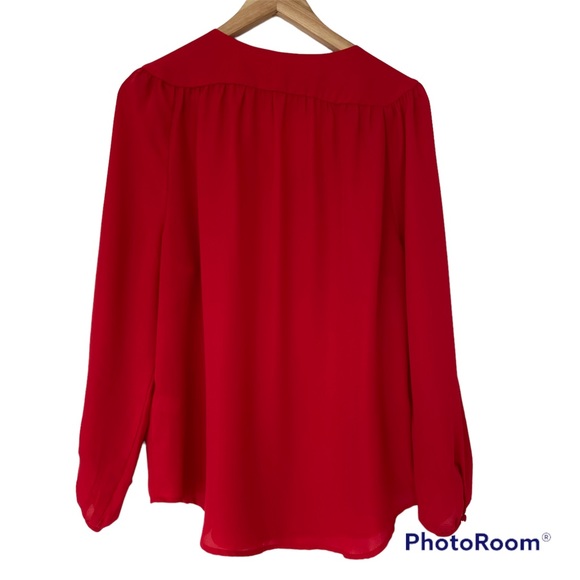 VIOLET & CLAIRE RED V NECK BLOUSE WITH YOKE AND BISHOP SLEEVES, LARGE - Picture 2 of 13